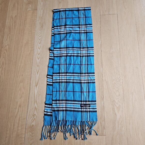 100% Cashmere Scarf Turquoise B&W Plaid Tartan‎ Fringe Made in Scotland Lux EUC - Picture 1 of 5
